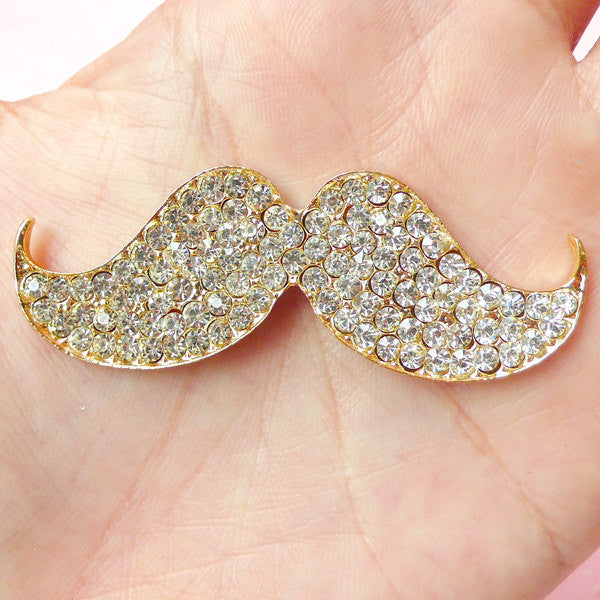 Moustache Cabochon / Big Mustache Alloy Metal Cabochon (56mm x 20mm / Gold with Clear Rhinestones / Flat Back) Bling Decoden Piece CAB232