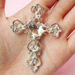 CLEARANCE Silver Cross Cabochon / Rhinestones Metal Cabochon / Bling Bling Heart Cross (Silver / 49mm x 66mm) Religious Jewelry Mixed Media CAB230