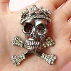 Rhinestone Skull with Crossbones Charm / Punk Rock Skull Alloy Metal Cabochon (42mm x 54mm / Black Silver with Clear Rhinestones) CAB235