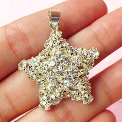 Star Metal Cabochon / Charms w/ Clear Rhinestones (Silver / 2 Sided / 30mm) Jewelry Making Pendant Bracelet Cell Phone Decoden CHM080