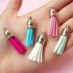 Suede Leather Tassel Charms w/ Silver Caps (Mix / 10mm x 37mm / 5pcs) Jewelry Making Fringe Pendant Bracelet Cell Phone Decoden CHM082