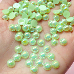 CLEARANCE 6mm AB Light Green Half Pearl Cabochons / Round Flat Back Faux Pearlized Cabochons (around 100 pcs) PEAB-LG6