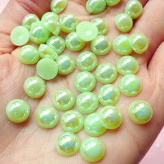 CLEARANCE 8mm AB Light Green Half Pearl Cabochons / Round Flat Back Faux Pearlized Cabochons (around 80 pcs) PEAB-LG8