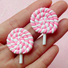 Decoden Lollipop Cabochons / Fimo Sweets Deco Cabochon (2pcs / 26mm x 35mm / Pink) Kawaii Phone Case Sweet Lolita Polymer Clay Food FCAB081