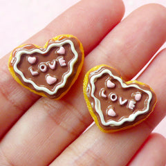 Decoden Cabochons / Heart Sugar Cookie Cabochons with Chocolate / Fake Biscuit Cabochon (2pcs / 21mm x 17mm) Kawaii Sweets Deco FCAB086