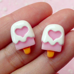 Strawberry Popsicle Cabochon / Miniature Ice Cream Bar with Heart (2pcs / 12mm x 18mm) Kawaii Cell Phone Deco Fake Sweets Jewelry FCAB098