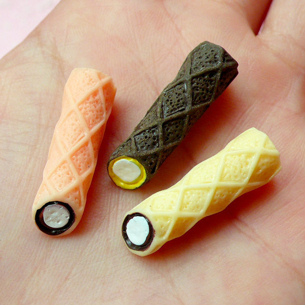 Kawaii Sweets Decoden Pieces / Miniature Waffle Wafer Stick Cabochon / Dollhouse Pocky Biscuit Sticks (3pcs / 7mm x 25mm) Fake Food FCAB101