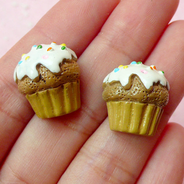 CLEARANCE Miniature Food Jewelry / Cupcake Cabochon (2pcs / 16mm x 17mm / Flatback) Dollhouse Sweets Decoden Kawaii Cell Phone Deco Scrapbook FCAB104
