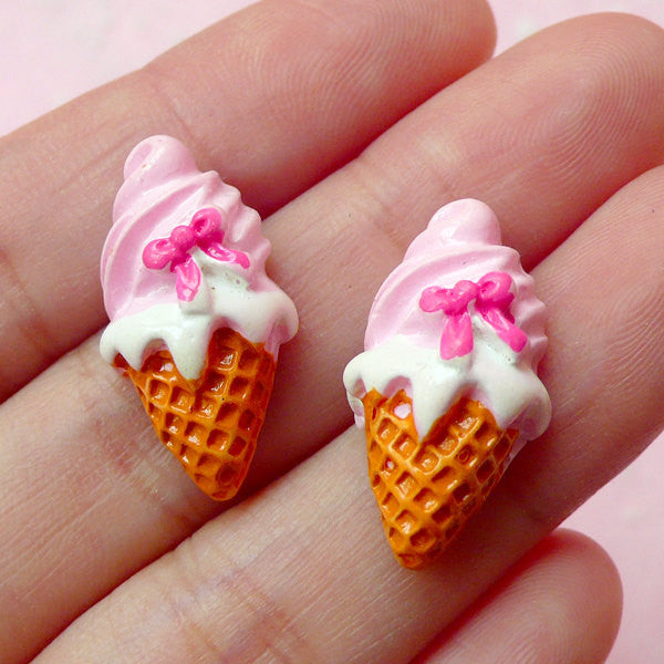 Miniature Sweets Cabochon / Strawberry Ice Cream Cabochon (2pcs / 12mm x 23mm / Pink / Flatback) Fake Food Jewelry Decoden Craft FCAB096