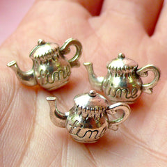 3D Teapot Charms (3pcs) (17mm x 12mm / Tibetan Silver / 2 Sided) Metal Findings Pendant Bracelet Earrings Zipper Pulls Keychains CHM098