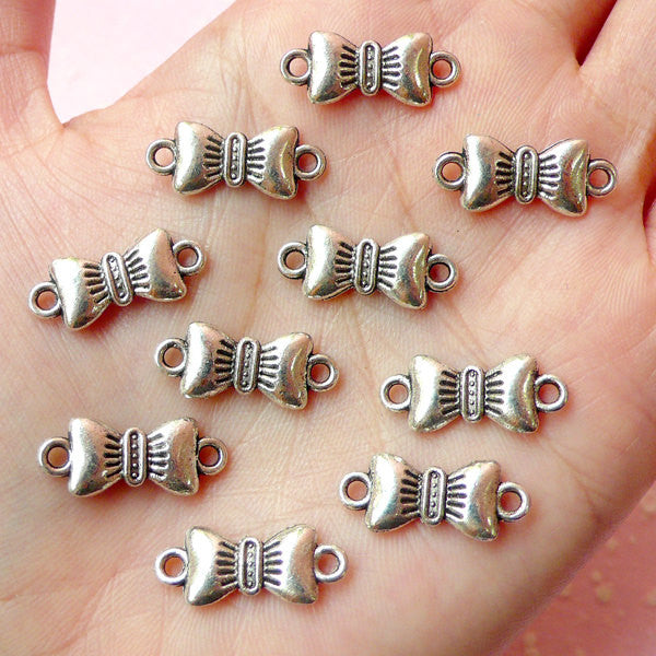Bowtie Charms / Bow Connectors (10pcs) (19mm x 8mm / Tibetan Silver / 2 Sided) Pendant Bracelet Earrings Zipper Pulls Keychains CHM101