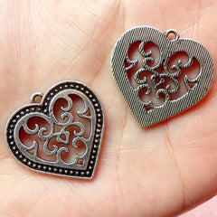 Heart Charms (4pcs) (27mm x 27mm / Tibetan Silver) Metal Findings Pendant Bracelet Earrings Zipper Pulls Keychains CHM110