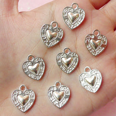 Heart Charms (8pcs) (13mm x 15mm / Silver / 2 Sided) Metal Findings Pendant Bracelet Earrings Zipper Pulls Keychains CHM108