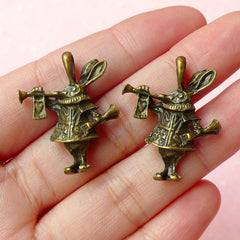 Alice in Wonderland / Bunny / Rabbit Charms (2pcs) (28mm x 22mm / Antique Bronze / 2 Sided) Pendant Bracelet Zipper Pulls Keychain CHM120