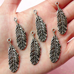 Feather Charms (6pcs) (35mm x 11mm / Tibetan Silver) Metal Findings Pendant Bracelet Earrings Zipper Pulls Keychain CHM134