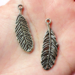 Feather Charms (6pcs) (35mm x 11mm / Tibetan Silver) Metal Findings Pendant Bracelet Earrings Zipper Pulls Keychain CHM134