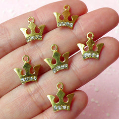 Crown Charms with Clear Rhinestones (6pcs) (12mm x 12mm / Antique Gold) Pendant Bracelet Earrings Zipper Pulls Bookmarks Key Chains CHM152