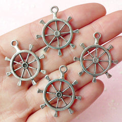 Ship Wheel Charms Nautical Charms (4pcs) (24mm x 28mm / Tibetan Silver / 2 Sided) Pendant Bracelet Earrings Zipper Pulls Keychains CHM154