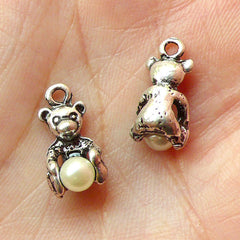 CLEARANCE Bear Charms w/ Pearl (4pcs) (8mm x 16mm / Tibetan Silver) Metal Findings Pendant Bracelet Earrings Zipper Pulls Keychain CHM123