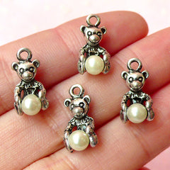 CLEARANCE Bear Charms w/ Pearl (4pcs) (8mm x 16mm / Tibetan Silver) Metal Findings Pendant Bracelet Earrings Zipper Pulls Keychain CHM123