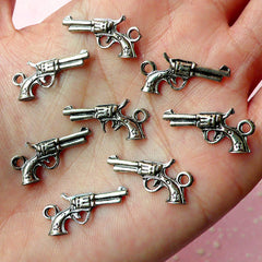 Gun / Pistol / Revolver Charms (8pcs) (22mm x 11mm / Tibetan Silver / 2 Sided) Pendant Bracelet Earrings Zipper Pulls Keychain CHM135