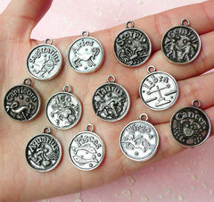 Zodiac Charms Horoscope Charms (12pcs) (17mm x 20mm / Tibetan Silver / 2 Sided) Pendant Bracelet Earrings Zipper Pulls Keychain CHM137