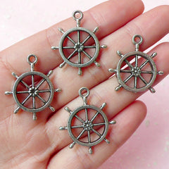 CLEARANCE Ship Wheel Charms Nautical Charms (4pcs) (23mm x 27mm / Tibetan Silver / 2 Sided) Pendant Bracelet Earrings Zipper Pulls Keychains CHM144