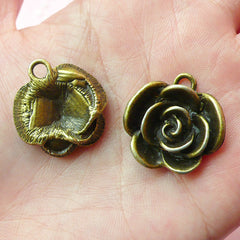 Flower Rose Charms (2pcs) (23mm x 24mm / Antique Bronze) Metal Findings Pendant Bracelet Earrings Zipper Pulls Keychains CHM146