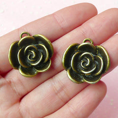 Flower Rose Charms (2pcs) (23mm x 24mm / Antique Bronze) Metal Findings Pendant Bracelet Earrings Zipper Pulls Keychains CHM146