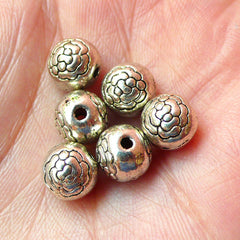 Round Flower Rose Beads (6pcs) (8mm / Tibetan Silver) Metal Beads Findings Pendant Bracelet Earrings Zipper Pulls Keychains CHM158