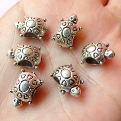 Turtle Beads (6 pcs) (9mm x 14mm / Tibetan Silver / 2 Sided) Metal Animal Beads Finding Pendant Bracelet Earrings Bookmark Keychains CHM160