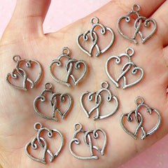 Double Heart Charms (10pcs) (18mm x 19mm / Tibetan Silver) Metal Findings Pendant Bracelet Earrings Zipper Pulls Keychains CHM177