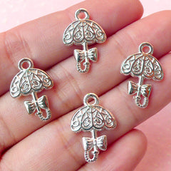 Lolita Umbrella Charms (4pcs) (13mm x 19mm / Silver / 2 Sided) Metal Finding Pendant Bracelet Earrings Bookmark Keychains CHM197