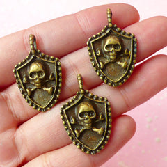 Shield w/ Skeleton Charms Skull Charm (3pcs) (18mm x 28mm / Antique Bronze) Pendant Bracelet Earrings Zipper Pulls Bookmarks Keychain CHM176