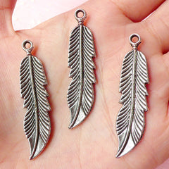 Feather Charms (3pcs) (46mm x 11mm / Tibetan Silver / 2 Sided) Metal Findings Pendant Bracelet Earrings Zipper Pulls Keychain CHM192