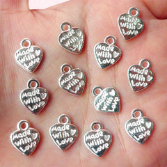 CLEARANCE Made With Love Heart Charms (12pcs) (10mm x 12mm / Silver / 2 Sided) Pendant Bracelet Earrings Zipper Pulls Keychains CHM198
