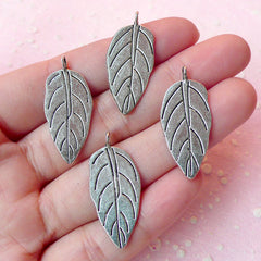 Leaf Charms (4pcs) (13mm x 30mm / Tibetan Silver / 2 Sided) Metal Findings Pendant Bracelet Earrings Zipper Pulls Bookmarks Keychains CHM220