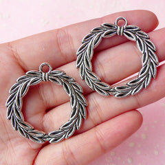 Christmas Wreath Charms Laurel Leaf Charm (2pcs) (35mm x 34mm / Tibetan Silver / 2 Sided) Pendant Earrings Zipper Pulls Keychains CHM236