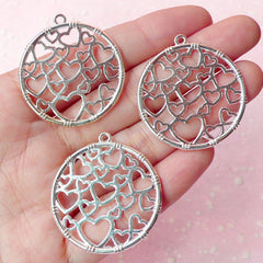 Round Heart Charms (3pcs) (32mm x 35mm / Silver / 2 Sided) Metal Findings Pendant Bracelet Earrings Zipper Pulls Bookmarks Key Chains CHM205
