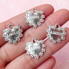 Heart w/ Love and Amour Charms (4pcs) (17mm x 17mm / Silver / 2 Sided) Pendant Bracelet Earrings Zipper Pulls Bookmarks Keychains CHM214