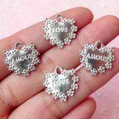 Heart w/ Love and Amour Charms (4pcs) (17mm x 17mm / Silver / 2 Sided) Pendant Bracelet Earrings Zipper Pulls Bookmarks Keychains CHM214