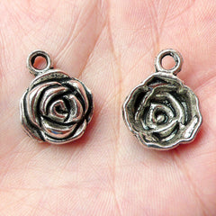 Rose Flower Charms (3pcs) (16mm x 21mm / Tibetan Silver) Metal Findings Pendant Bracelet Earrings Zipper Pulls Keychain CHM224