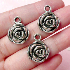 Rose Flower Charms (3pcs) (16mm x 21mm / Tibetan Silver) Metal Findings Pendant Bracelet Earrings Zipper Pulls Keychain CHM224