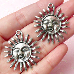 Sun Charms (2pcs) (30mm x 34mm / Tibetan Silver) Metal Findings Pendant Bracelet Earrings Zipper Pulls Bookmark Keychains CHM247