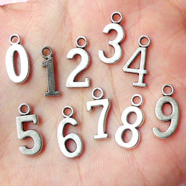 Number Charms 0 to 9 Charm (10pcs) (15mm / Tibetan Silver) Metal Findings Pendant Bracelet Earrings Zipper Pulls Bookmark Keychains CHM249