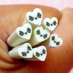 White Heart with Black Ribbon Polymer Clay Cane Kawaii Heart Fimo Cane Scrapbooking Nail Art Nail Decoration Mini Fake Cupcake Topper CH21