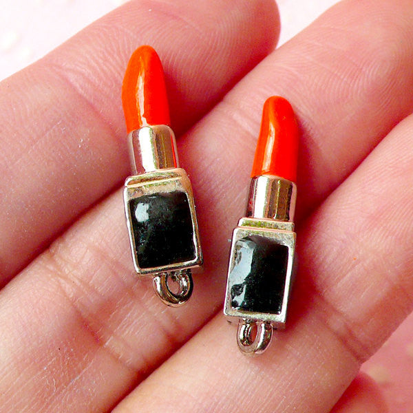 3D Lipstick Charms (2pcs) (24mm x 6mm / ORANGE) Kawaii Beauty Charms Pendant Bracelet Earrings Zipper Pulls Bookmark Keychains CHM255