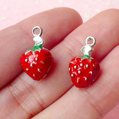 3D Strawberry Charms (2pcs) (9mm x 16mm / 2 Sided) Kawaii Fruit Charms Pendant Bracelet Earrings Zipper Pulls Bookmark Keychains CHM252