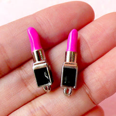 3D Lipstick Charms (2pcs) (24mm x 6mm / PINK) Kawaii Fashion Charms Pendant Bracelet Earrings Zipper Pulls Bookmark Keychains CHM254