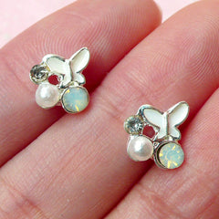 Mini Butterfly Cabochon w/ Pearl and Rhinestones (9mm x 8mm) Kawaii Nail Art Nail Decoration Earrings Making Fake Mini Cupcake Topper NAC101